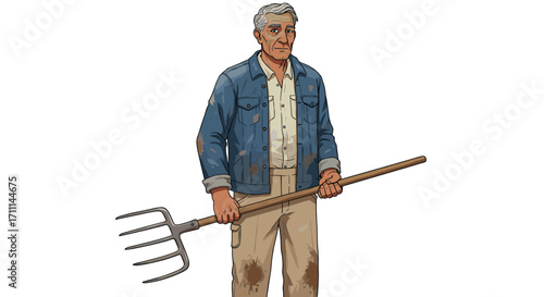 Mature Farmer Holding Pitchfork Serene Expression Isolated on Transparent Background Ready for Work