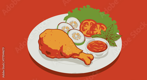 A delicious, golden brown fried chicken leg served on a white plate with fresh lettuce, tomato slices, cucumber, and dipping sauce.