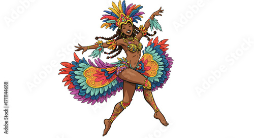 Vibrant Carnival Dancer With Feathered Costume Expressing Joy Isolated on Transparent Background