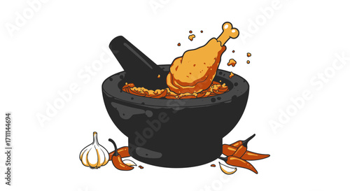 A vibrant vector illustration depicts a crispy fried chicken drumstick being prepared in a traditional mortar and pestle with fresh garlic and hot chili peppers.