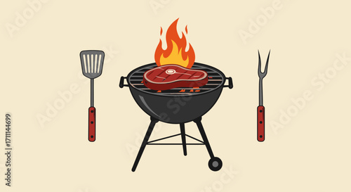 An illustration shows a juicy steak cooking on a barbecue grill with flames, accompanied by a spatula and fork, perfect for summer cookouts and outdoor dining.