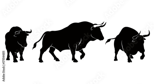 A striking vector illustration showcases three powerful bull silhouettes in black, ideal for designs related to strength, financial markets, or animal themes, presented on a crisp white background.