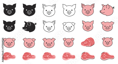 A vector illustration presents a collection of pig head icons and cuts of meat, showcasing various styles and colors on a clean, white background.