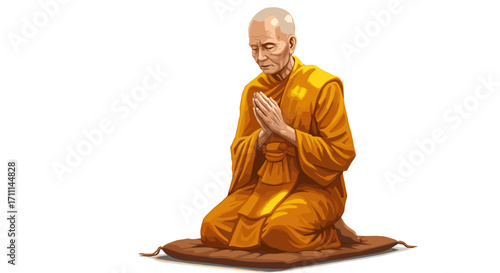 Serene Buddhist Monk Praying With Hands Clasped Meditating Peaceful Enlightenment Isolated on Transparent Background