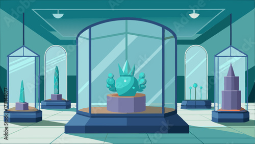 A glassenclosed room showcasing delicate glass sculptures.
