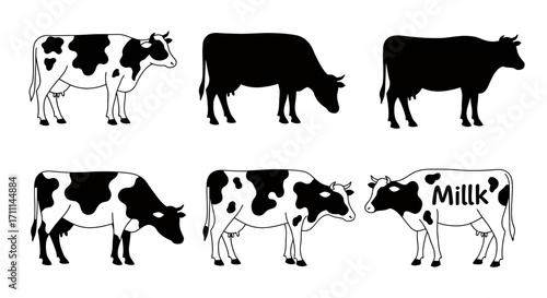 Diverse vector illustrations depict spotted dairy cows and solid black cattle silhouettes, presented as isolated graphic assets for design.