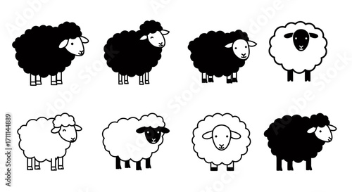 A collection of adorable sheep illustrations in black and white, perfect for various design projects and creative applications, providing a charming visual element.
