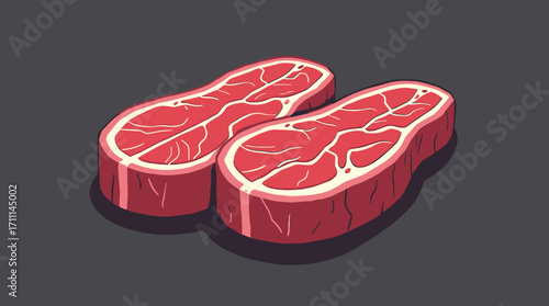 Two raw steaks, expertly illustrated in a clean vector style with detailed marbling, presented on a dark, minimalist background for versatile use.