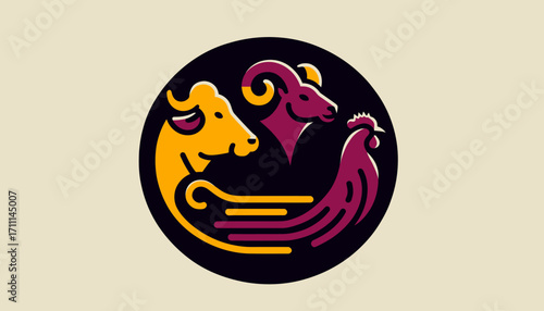 A minimalist vector illustration featuring a stylized bull, ram, and chicken arranged in a circular composition, perfect for branding and representing meat products.