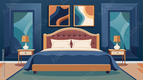 A luxurious guest bedroom with a plush velvet headboard metallic accents and a large abstract painting above the bed.