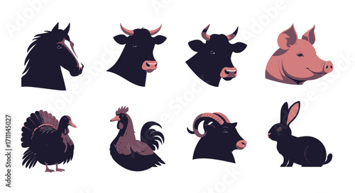 Collection of stylized farm animal heads and a rabbit, including a horse, cow, bull, pig, turkey, rooster, goat, and rabbit, presented in a clean vector graphic style.