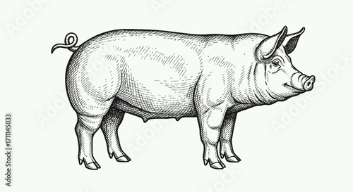 A detailed black and white vector illustration of a pig, showcasing its form and features in a classic engraving style, ideal for various design projects and educational materials.