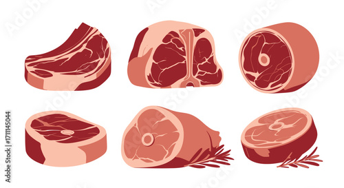 Collection of raw red meat cuts, including steaks and roasts, presented as a flat vector illustration with a clean white background.