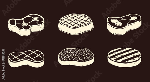 An illustrated vector graphic showcasing a collection of various cuts of meat, perfect for culinary projects, restaurant menus, and food-related design elements, presented on a dark background.