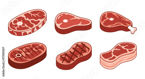 Collection of vector illustrations showcasing different cuts of fresh meat, perfect for culinary designs, restaurant menus, or food-related projects, presented in a clean style.