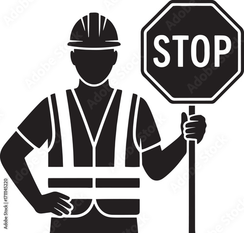 Construction worker holding stop sign safety vest hard hat