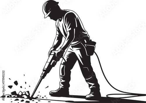 Construction worker jackhammering pavement breaking demolition