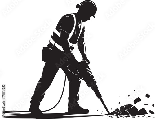 Construction worker operating jackhammer breaking ground silhouette black and white
