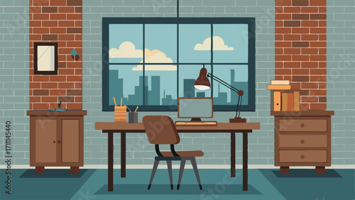 A home office with a rustic wooden desk and a vintage metal chair overlooking the exposed brick wall and large windows.
