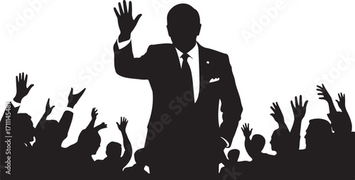 Politician waving to crowd audience suit