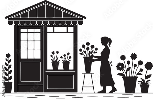 Silhouette florist arranging flowers beside stall woman apron