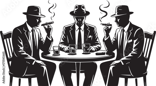 Three men in suits and hats smoking cigars and drinking at a table mafia