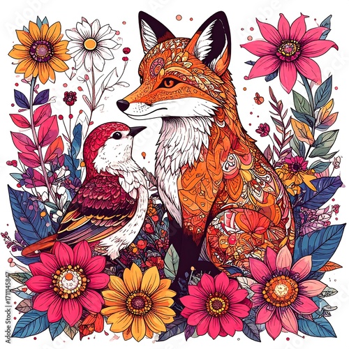 Fox and bird surrounded by colorful flowers