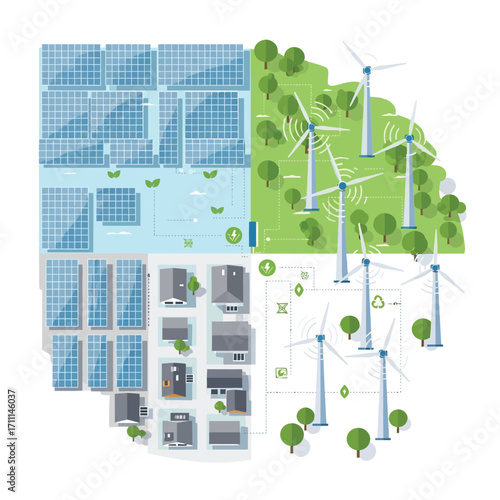 Isometric illustration of a comprehensive renewable energy system, showcasing integrated solar panels and wind turbines powering sustainable communities with smart grid technology