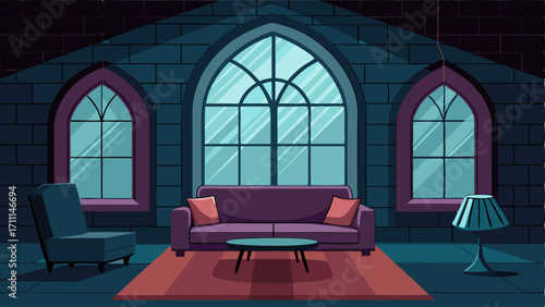 A moody living room with vaulted ceilings exposed brick walls and a velvet sofa under a large gothic arched window.