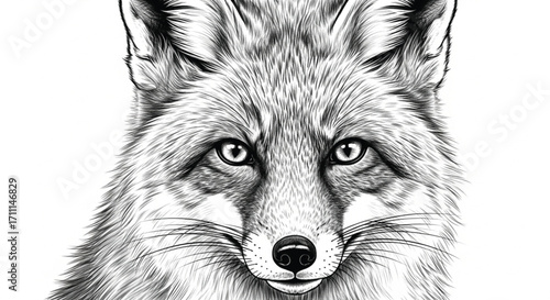 A detailed black and white sketch of a fox's face stares intently forward.