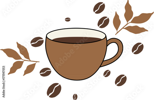 Illustrated Coffee Cup with Beans and Plant Branches 