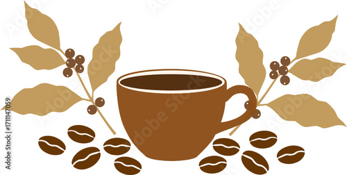 Illustrated Coffee Cup with Beans and Plant Branches 
