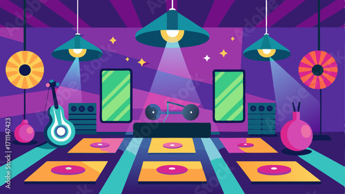 A group fitness room set up for a dance workout with disco lights and a loud upbeat soundtrack.