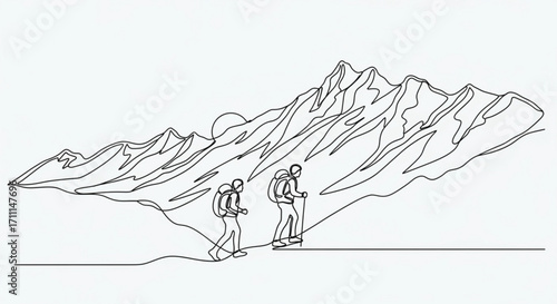 Two hikers with backpacks ascend a mountain path under a bright sun.