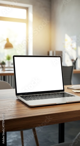 Modern laptop open on a clean wooden desk bathed in natural sunlight, perfect for remote work