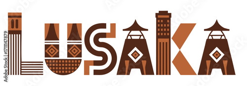 Lusaka Skyline Typography Illustration – Modern Flat African City Landmark Word Art with Ethnic Patterns, Transparent Background