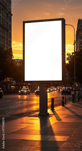 Blank billboard on busy street captures golden hour light for vibrant urban advertising opportunities