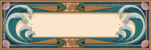 Tropical ocean wave border, blank nautical frame with palm leaves, seashells, surfboard, vintage summer beach banner