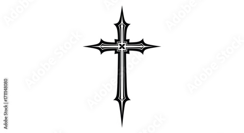 A stylized gothic cross with ornate pointed ends on a white background.