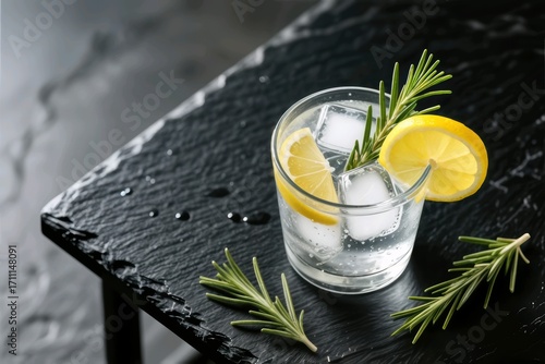 Alcoholic drink (gin tonic cocktail) with lemon, rosemary and ice on rustic black stone table, copy space, top view. Cold drink with lemon.
