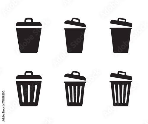 Minimal Trash Bin Icon Set, Vector Garbage Can Silhouette Collection