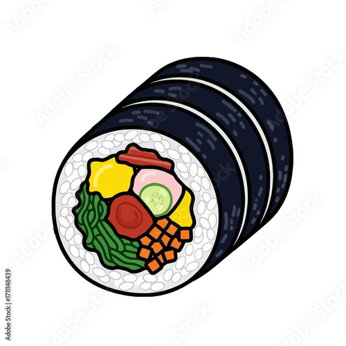 A delicious korean kimbap roll, sliced to reveal colorful ingredients like rice, vegetables, and meat, isolated on a transparent background