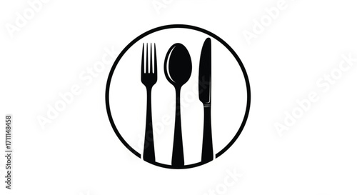 A minimalist black and white icon representing cutlery, a fork, spoon, and knife, inside a circle.