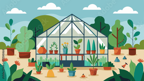 A greenhouse filled with various plants and research plots.