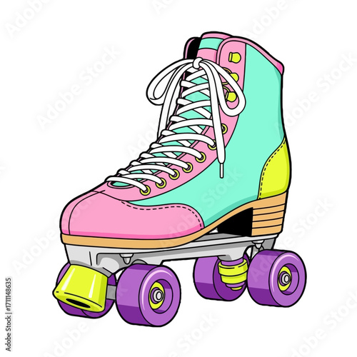 A colorful retro roller skate with pink, teal, and yellow accents, featuring purple wheels, isolated on a transparent background
