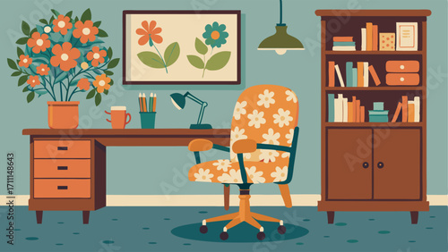 A home office with a vintage desk a floral print swivel chair and shelves lined with old books and jars of wildflowers.