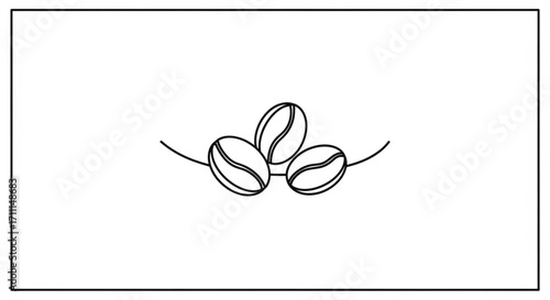 Three stylized coffee beans are depicted in a minimalist line drawing.