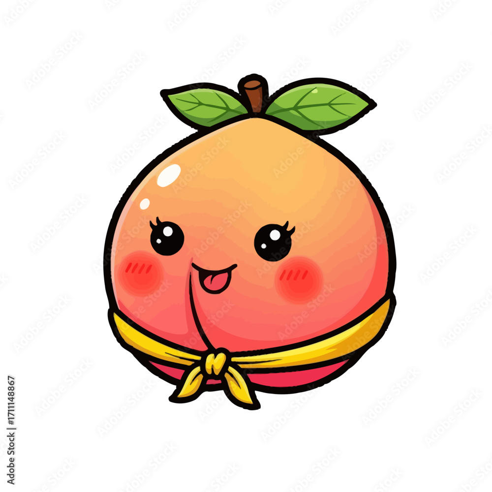 Obraz premium Cute cartoon peach character with big eyes, rosy cheeks, and a yellow ribbon tied in a bow around its waist