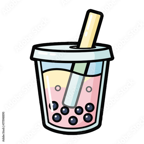 A colorful illustration a bubble tea drink with tapioca pearls and a straw, isolated on a transparent background