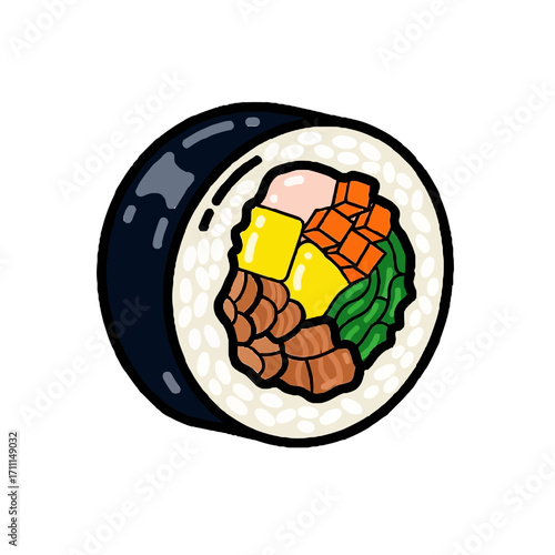A single piece sushi roll with colorful ingredients